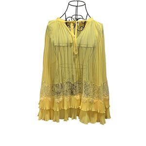 SELF-PORTRAIT Chiffon Lace-detailed Pleated Blouse Yellow Size 2